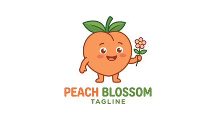 Fototapeta premium Cute peach character holding a blossom flower mascot logo.
