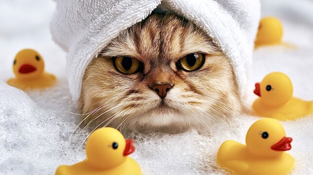 Grumpy cat wearing towel in bubbles with rubber ducks