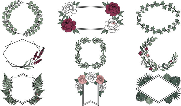Elegant botanical floral frame collection with wreaths borders and decorative wedding templates Elegant botanical floral