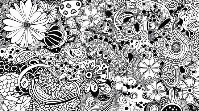 Black and white floral doodle pattern for adult coloring book page