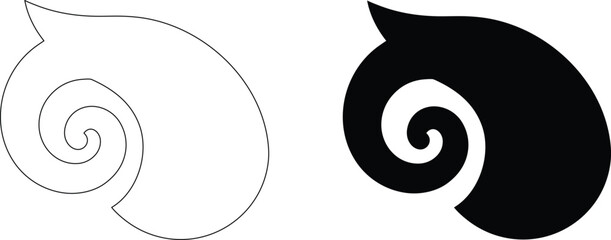 Spiral shell silhouette icon with matching black shape and thin linear outline design elements on transparent background. © nidrarani