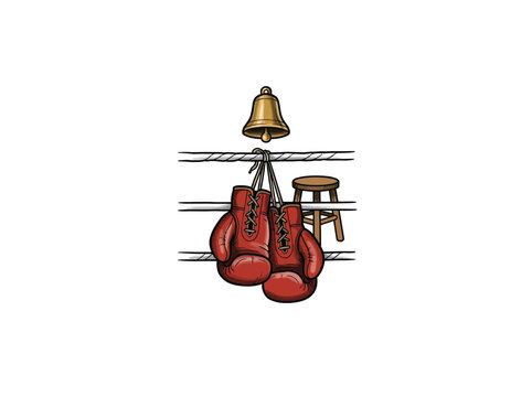 Illustration Of Red Boxing Gloves With Laces Tied To A Rope, Accompanied By A Brass Bell And Wooden Stool Inside A Boxing Ring Vector Illustration
