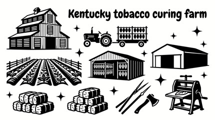 tobacco farming operation in kentucky featuring cultivated tobacco fields curing barns drying sheds harvesting equipment storage buildings and organized agricultural production creating a historic © samira
