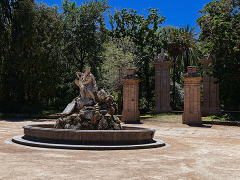 Historic Fontana del Genio monument in Palermo, Sicily. Traditional Italian heritage sculpture and public park landmark view, perfect for cultural tourism and travel editorial.