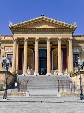 Monumental entrance of the famous Teatro Massimo opera house. Iconic Italian cultural architecture landmark in Palermo, ideal for European travel and tourism lifestyle themes.