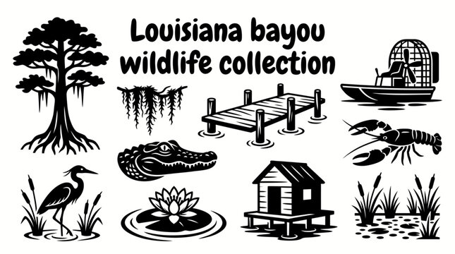 louisiana bayou environments featuring cypress trees spanish moss wooden piers swamp boats alligators wetlands and freshwater ecosystems arranged as a premium commercial vector illustration set