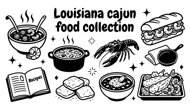 louisiana cajun cuisine featuring gumbo jambalaya crawfish po boy beignets red beans seafood platters and traditional southern recipes arranged as a commercial vector illustration set for culinary