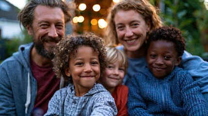 Fototapeta premium Diverse family laughing together on shaded patio in suburban backyard