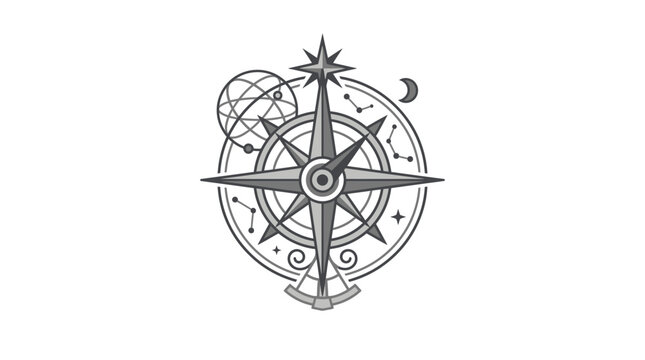 Celestial compass rose with star chart elements.