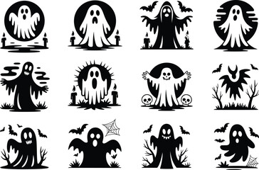 Fototapeta premium Collection of ghostly halloween icons featuring spirits cemeteries bats and candle lights