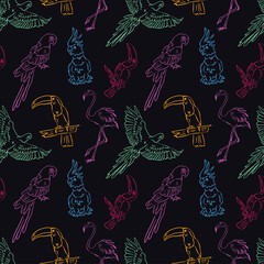 Obraz premium Hand-drawn seamless pattern of neon glowing tropical birds. Vector whimsical illustration of parrot macaw, cockatoo and toucan. Neon outline doodle animals on a black background.