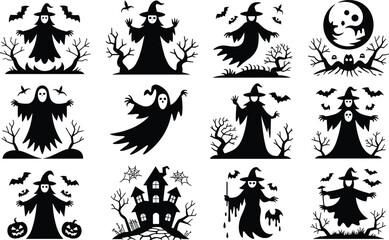 Fototapeta premium Set of black halloween silhouette icons with witches ghosts pumpkins and spooky elements