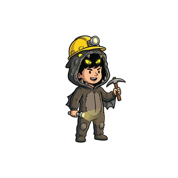 Cheerful Boy Character In A Gray Bat Like Monster Onesie With A Hard Hat And Mining Tools Shown In A Cartoon Illustration Style Vector Illustration