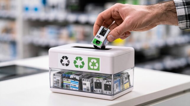 Person dropping a used printer cartridge into a marked collection box slot at a retail counter. Concept of ink cartridge recycling.