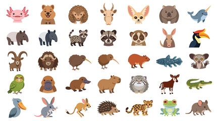 Fototapeta premium Large set of cute flat animal character icons.