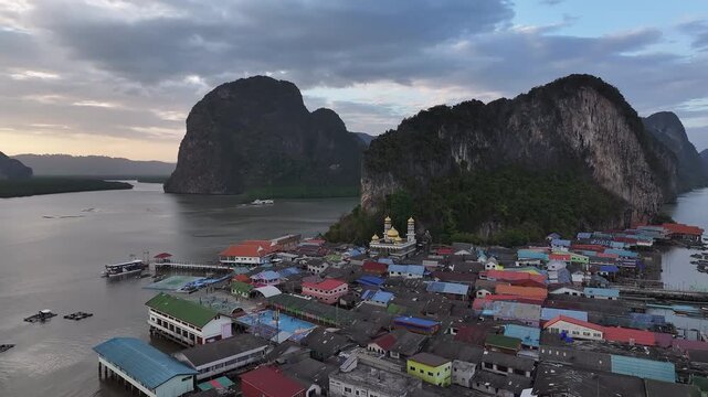 Aerial view of ko panyi floating fishing village in thailand