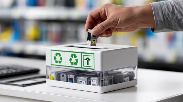 Person dropping a used printer cartridge into a marked collection box slot at a retail counter. Concept of ink cartridge recycling.
