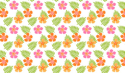 Tropical hibiscus flower seamless pattern with colorful Hawaiian aloha leaves vector. © Jerin
