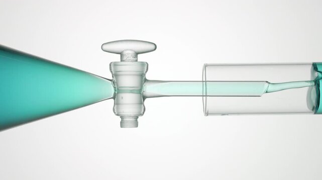 Transparent cyan fluid flows from separatory funnel through glass stopcock into test tube, filling it over light gray bg | Butterfly pea flower tincture ingredient visualization concept