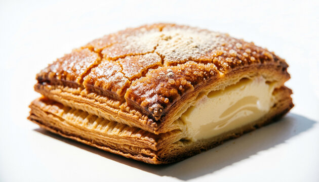 Square layered mille-feuille pastry with thick vanilla cream filling and caramelized sugar crust dusted with powdered sugar on white background