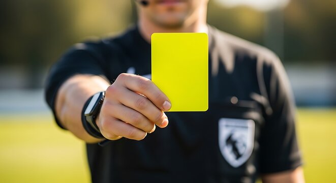 Referee holds up a yellow card during a soccer match