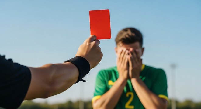 Soccer player ejected from game with red card on sunny day