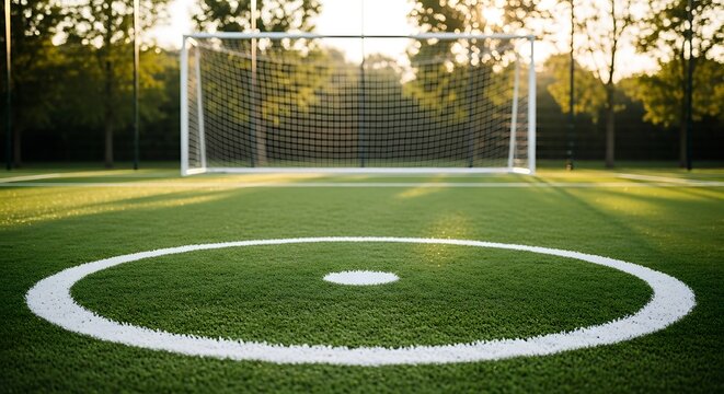 empty soccer field with goal at sunset