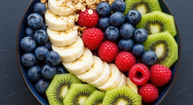 Healthy fruit breakfast bowl with granola and fresh berries and kiwi