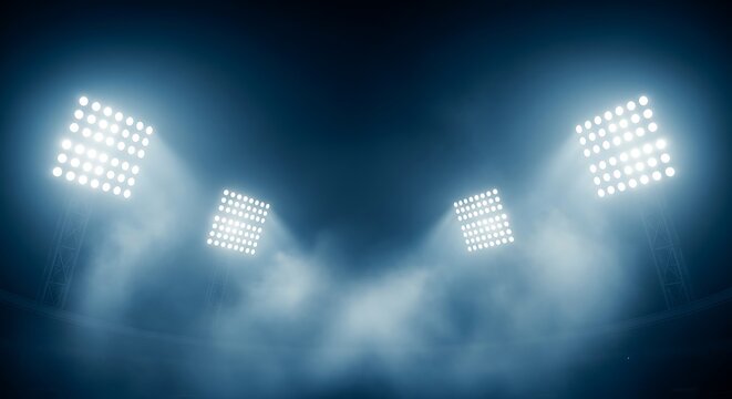 Dramatic stadium floodlights shining through fog for a sports event