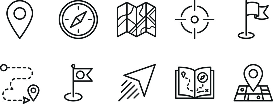 Set of navigation and location marker line icons including map pins compass and route symbols with navigation location destination direction cartography geography tracking position orientation