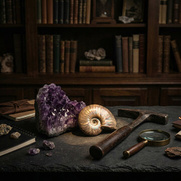 Atmospheric vintage raster photograph of a paleontology study desk featuring a purple amethyst crystal, ammonite fossil, hammer, and magnifier against a dark wooden library bookshelf