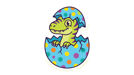 Fototapeta premium Cute cartoon dinosaur hatching from a spotted blue egg