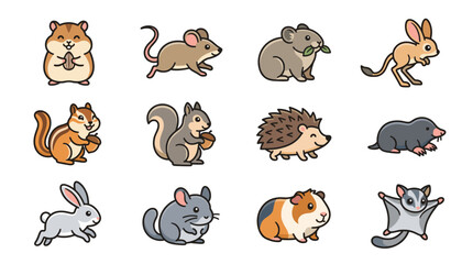 Fototapeta premium Cute cartoon rodent and small mammal icons on white background