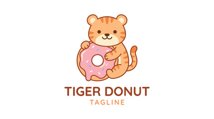 Obraz premium Cute cartoon tiger holding pink glazed donut logo design