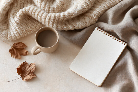 Cozy knitted blanket wraps soft, earthy tones. Cup of warm beverage sits beside blank notebook. Dry leaves add autumnal charm to quiet scene. Stillness suggests calm, reflective moments