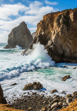 Ocean waves crashing against large rocky cliffs on a sunny day