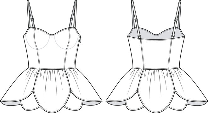 Sweetheart neckline petal peplum bustier top fashion technical drawing flat sketch vector with front and back view