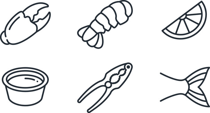 Minimalist crab shack seafood icon set, monoline lobster claw fish outline vector