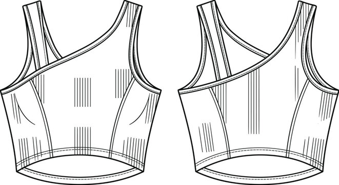 Womens asymmetric sports bra activewear crop top fashion technical drawing vector flat sketch front and back view