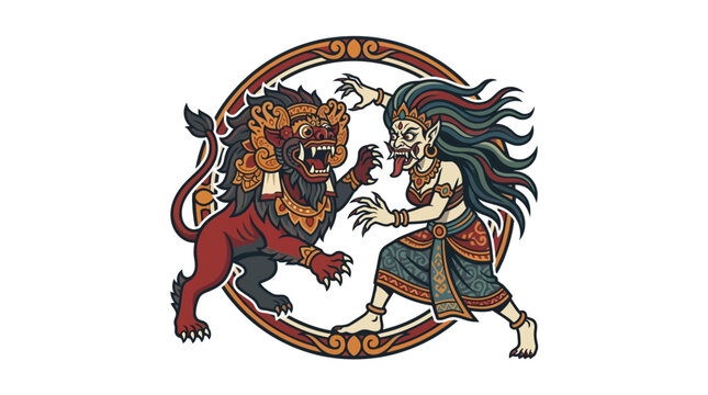 Circular Barong and Rangda mythology emblem