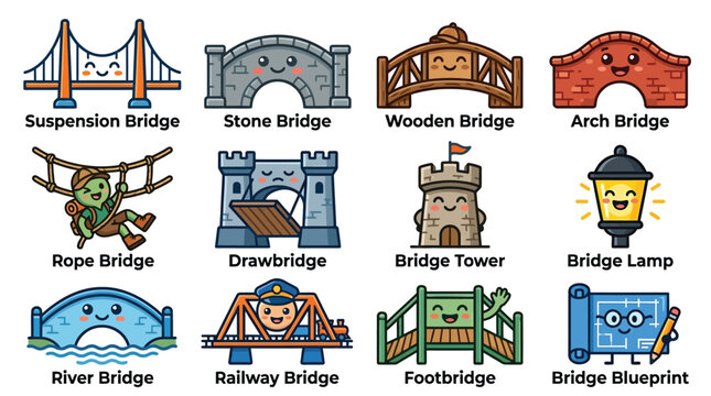 Cute kawaii bridge character icons set on white background
