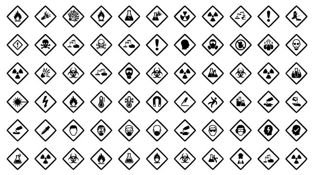 Hazard and safety warning signs collection with universal chemical and industrial symbols for workplace safety compliance