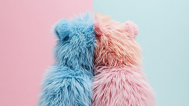Two fuzzy stuffed animals, back to back,  against a split pink and light blue background.  Soft textures and pastel colors