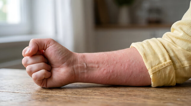Close-up of a person's forearm showing red rash and hives from an allergic reaction, highlighting skin allergy symptoms
