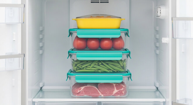 Fresh raw meat and vegetables stored in stacked airtight containers inside a clean modern refrigerator shelf