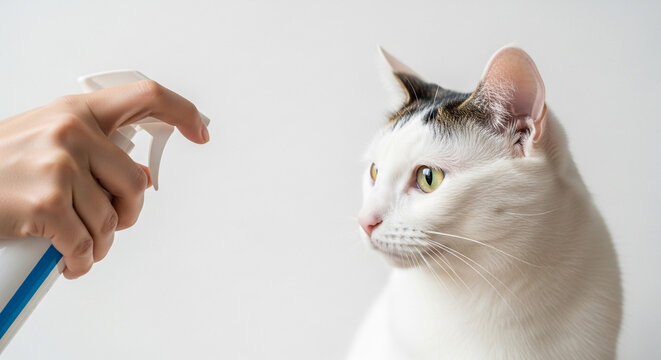 Person using a water spray bottle to train or discipline a white domestic cat against a plain white background