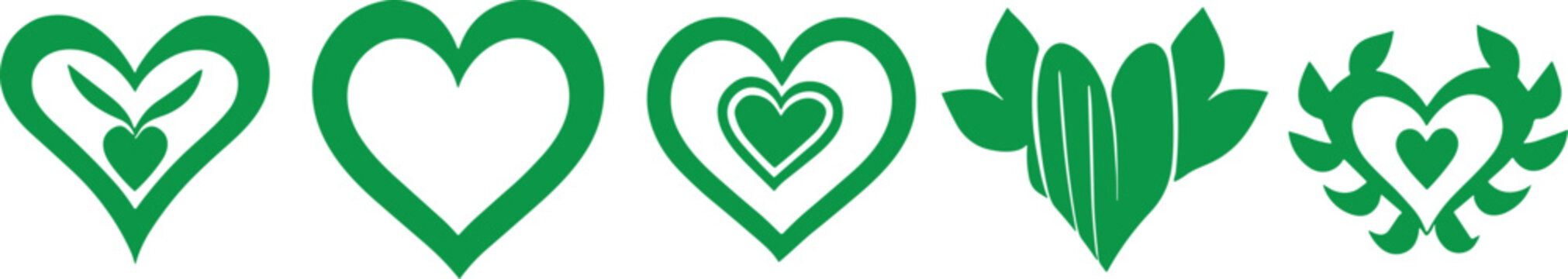 Green heart and leaf vector icons set