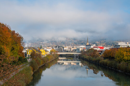 Villach city with the scenic Drava River, Austria
