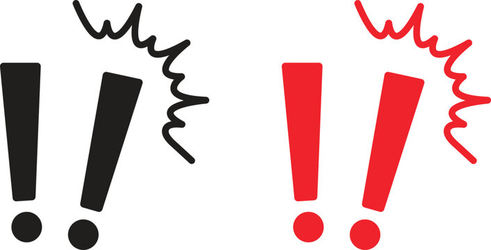 Double exclamation mark vector set, black and red warning exclamation points with surprise flash lines symbol for alert attention danger or shock accent design