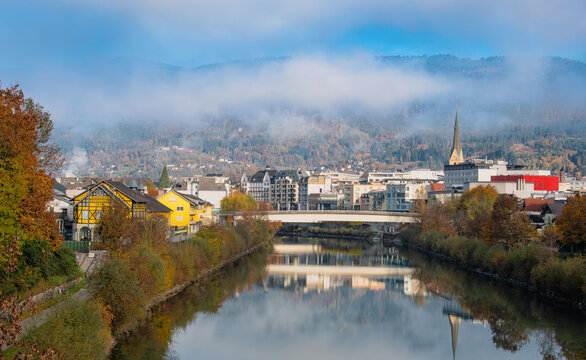 Villach city with the scenic Drava River, Austria